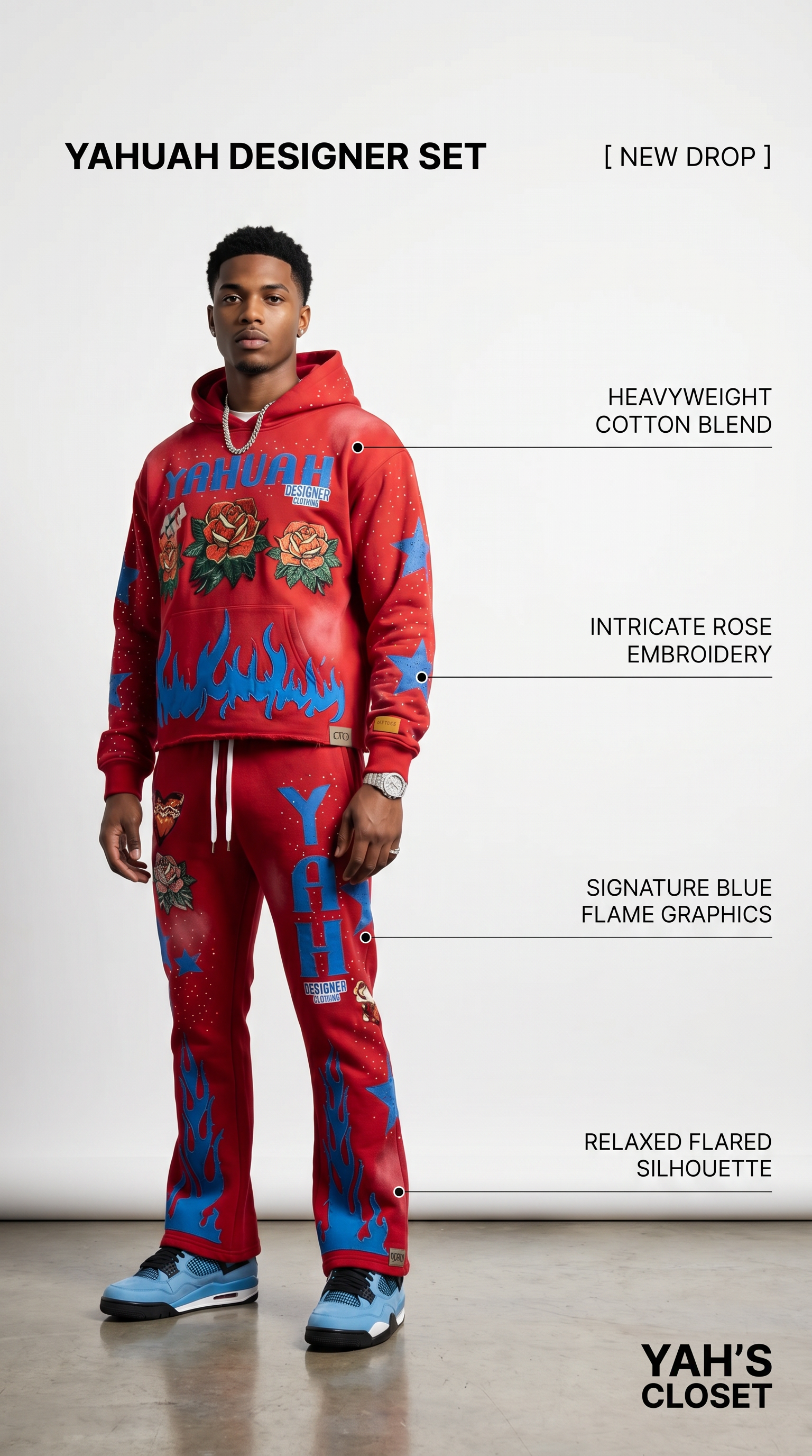 Yahuah Designer “Red Flared Sweatpants & Cropped Hoodie Set"
