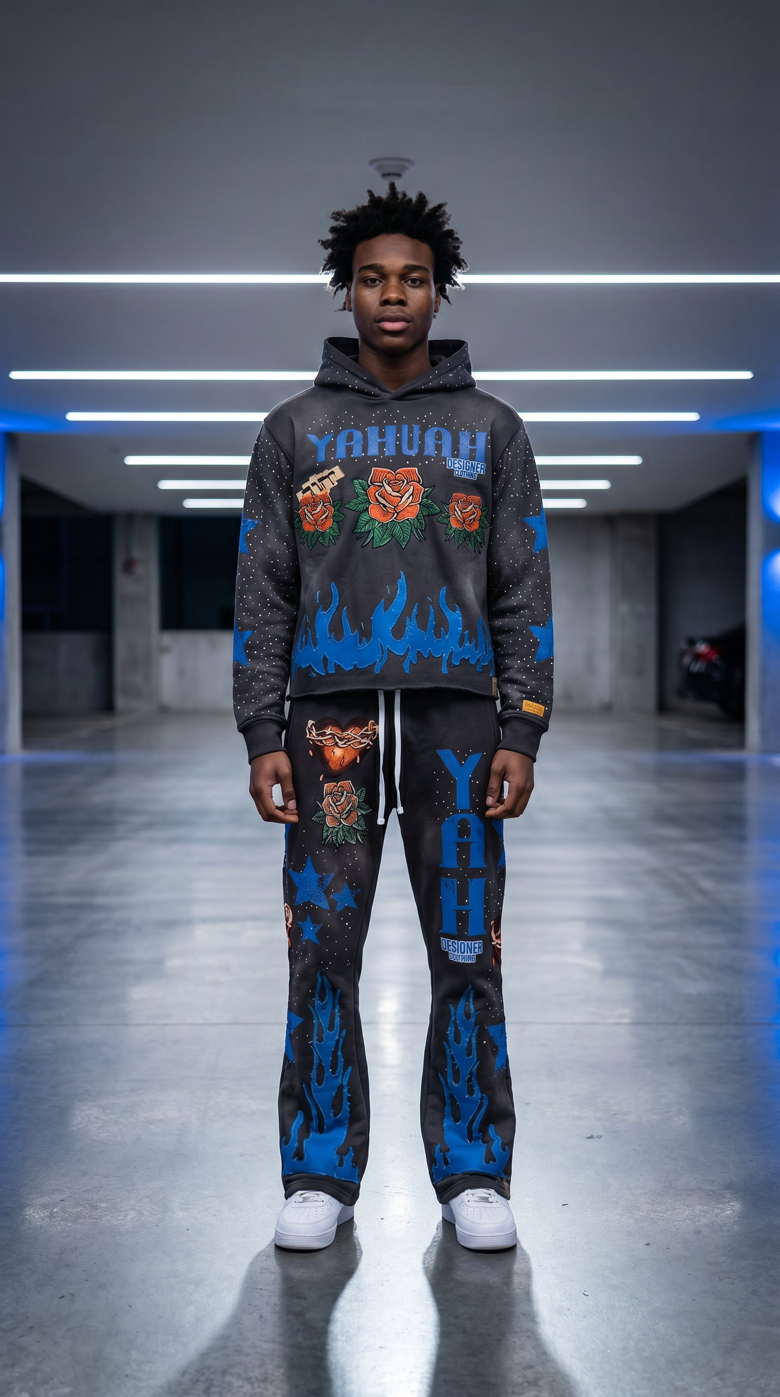 Yahuah Designer “Grey Flared Sweatpants & Cropped Hoodie Set"