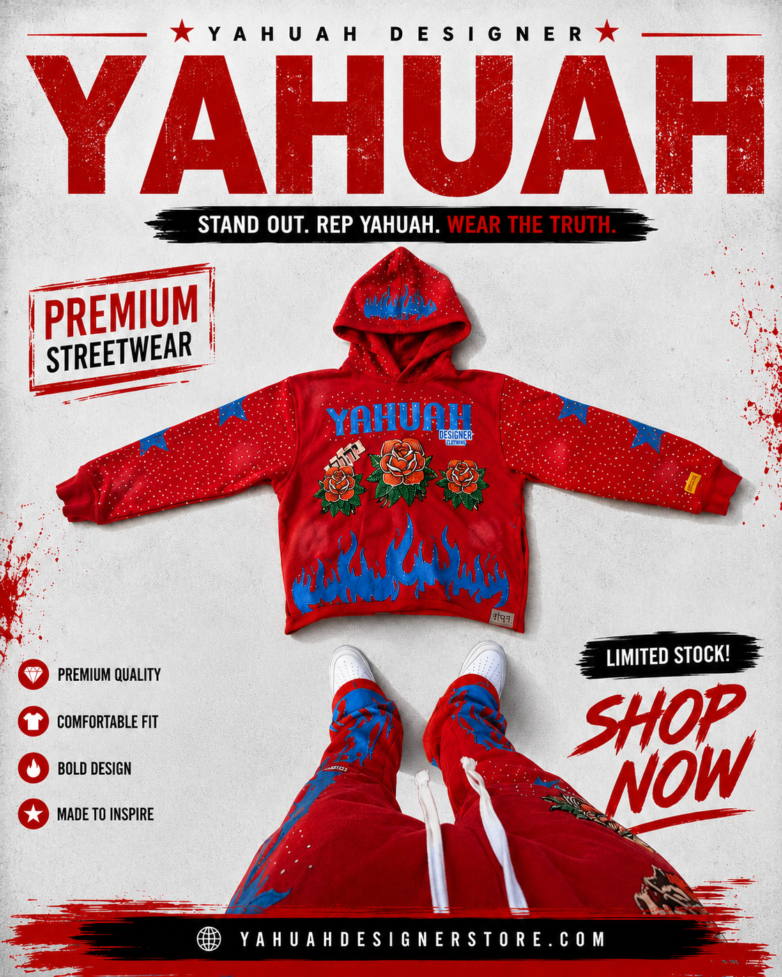 Yahuah Designer “Red Flared Sweatpants & Cropped Hoodie Set"