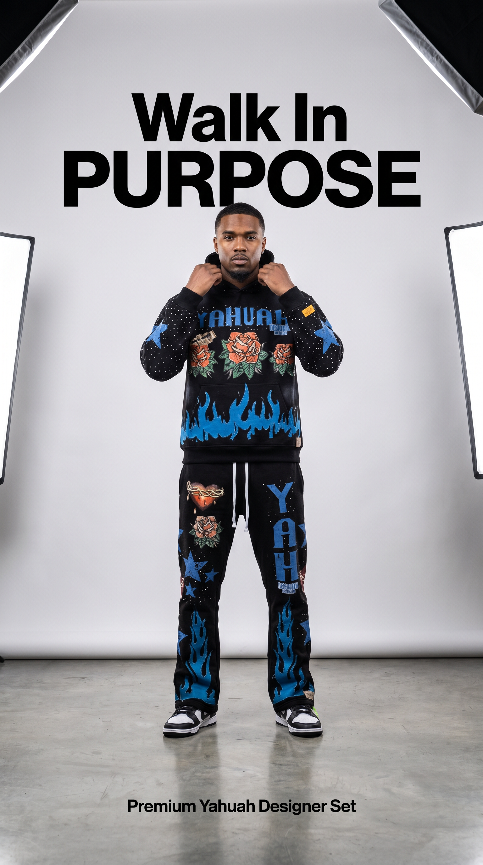 Yahuah Designer Black Flared Sweatpants & Cropped Hoodie Set