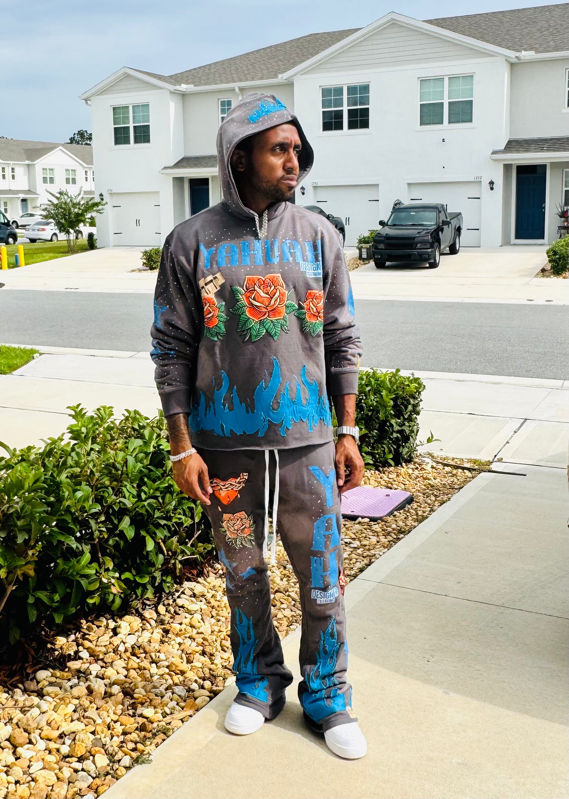 Yahuah Designer “Grey Flared Sweatpants & Cropped Hoodie Set"