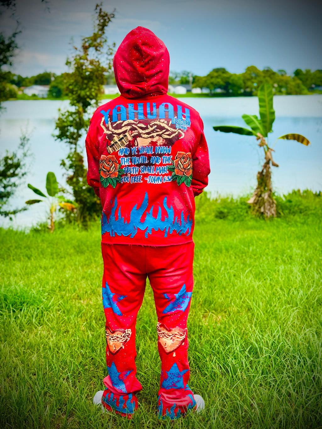 Yahuah Designer “Red Flared Sweatpants & Cropped Hoodie Set"