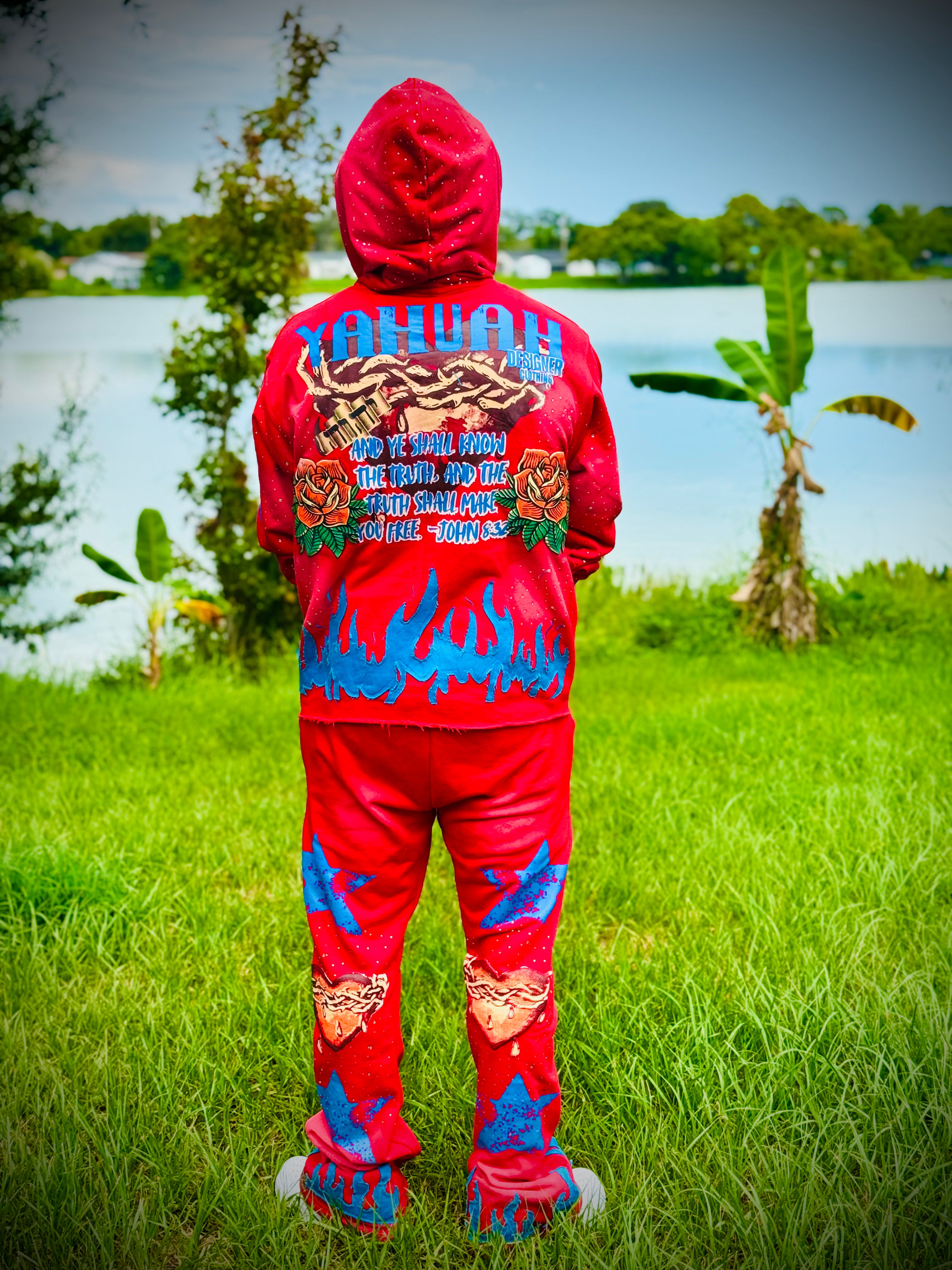 Yahuah Designer “Red Flared Sweatpants & Cropped Hoodie Set"