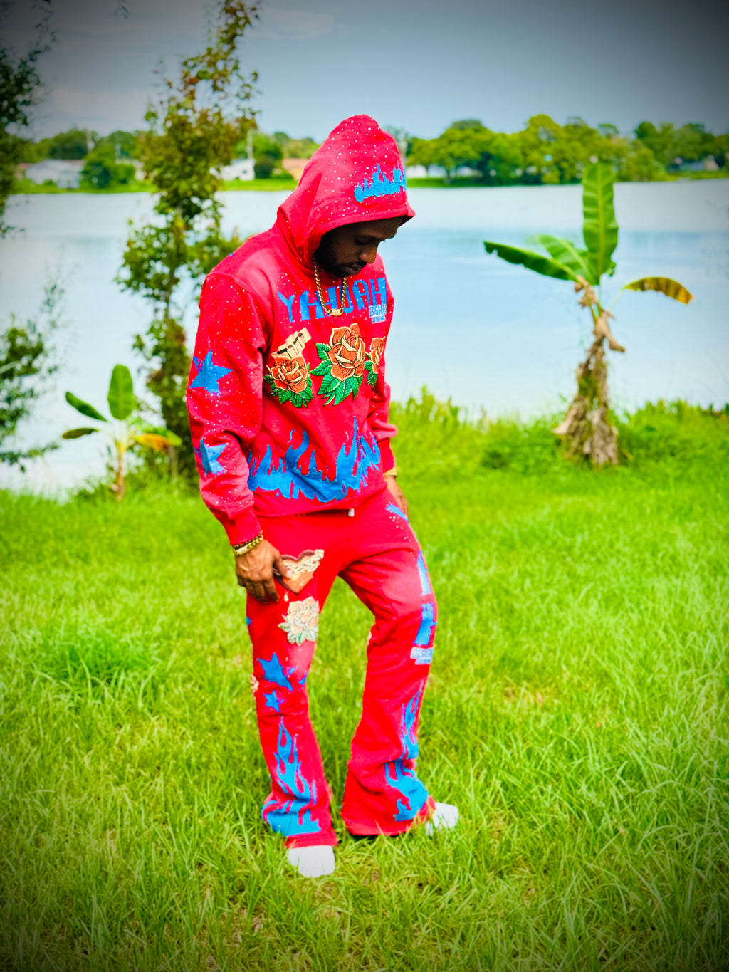 Yahuah Designer “Red Flared Sweatpants & Cropped Hoodie Set"