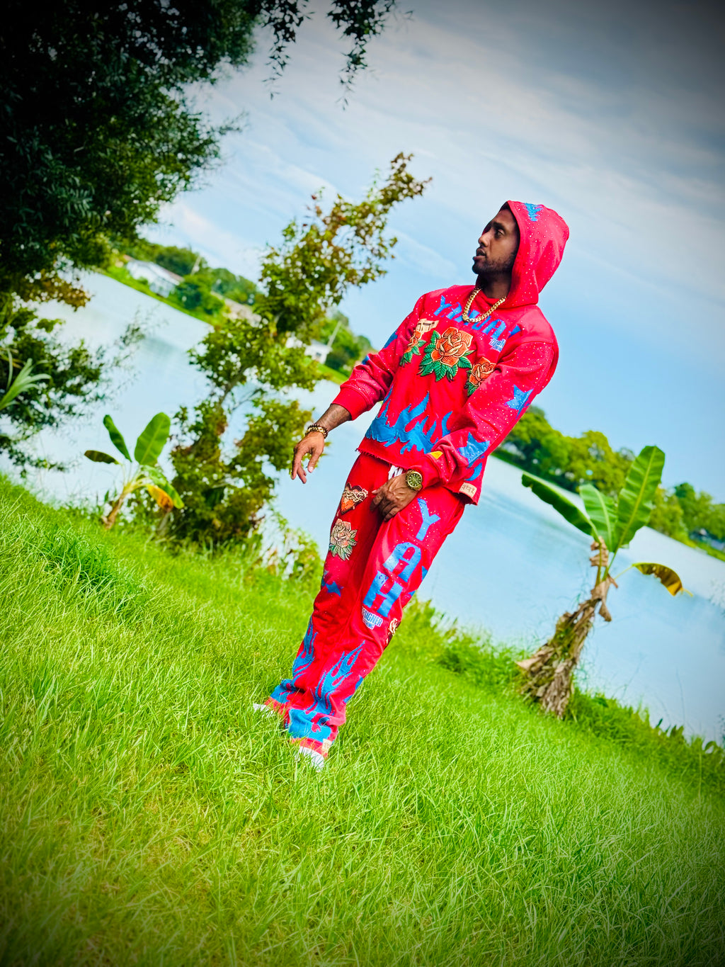 Yahuah Designer “Red Flared Sweatpants & Cropped Hoodie Set"
