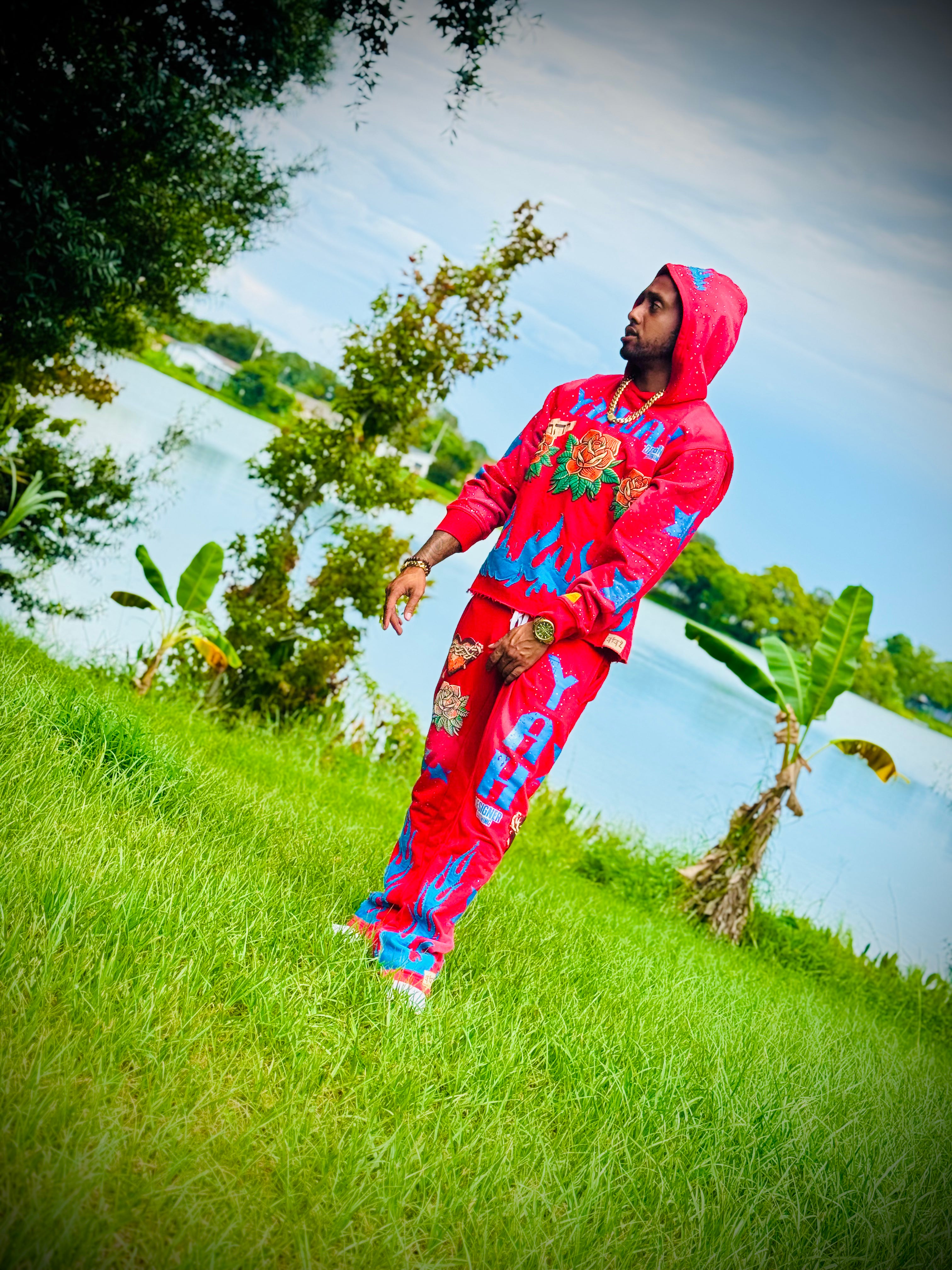 Yahuah Designer “Red Flared Sweatpants & Cropped Hoodie Set"