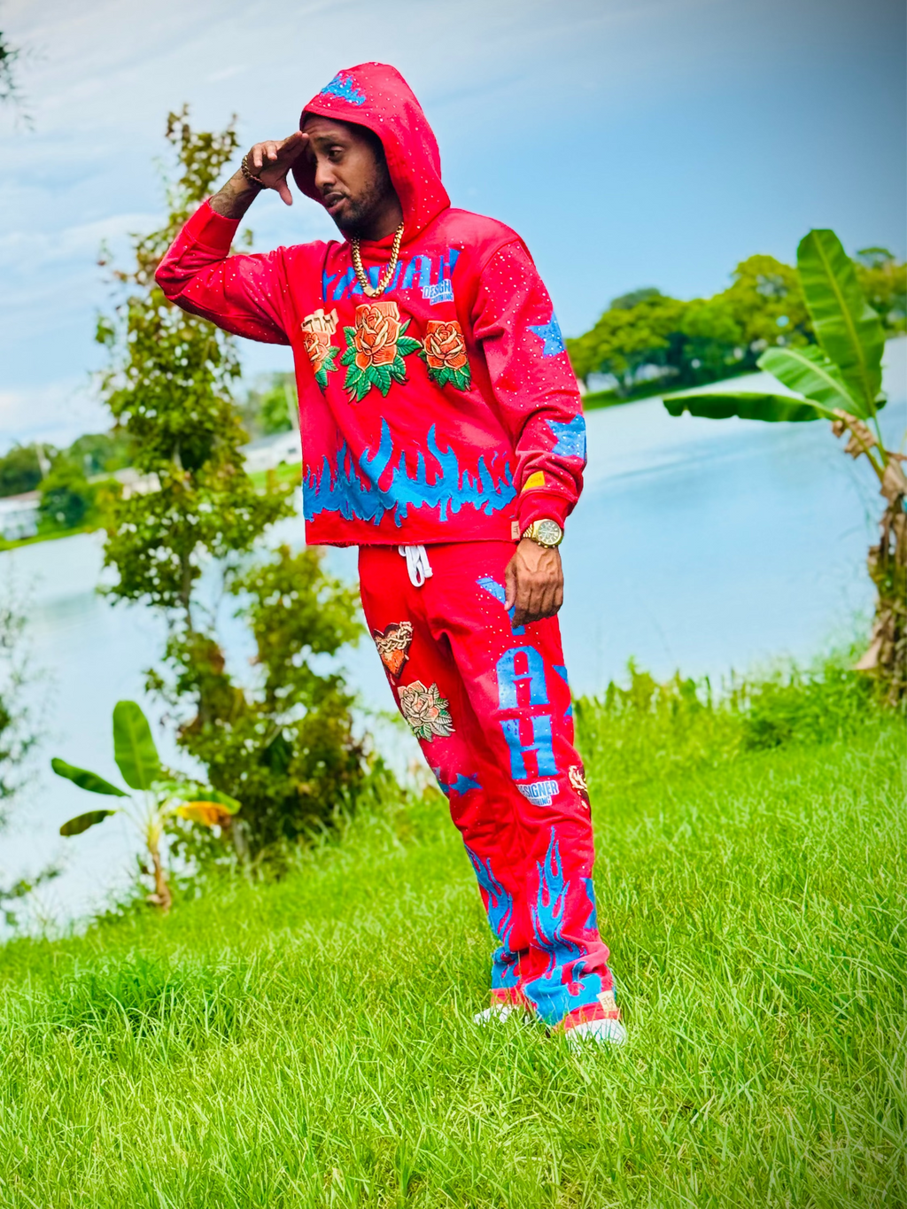 Yahuah Designer “Red Flared Sweatpants & Cropped Hoodie Set"