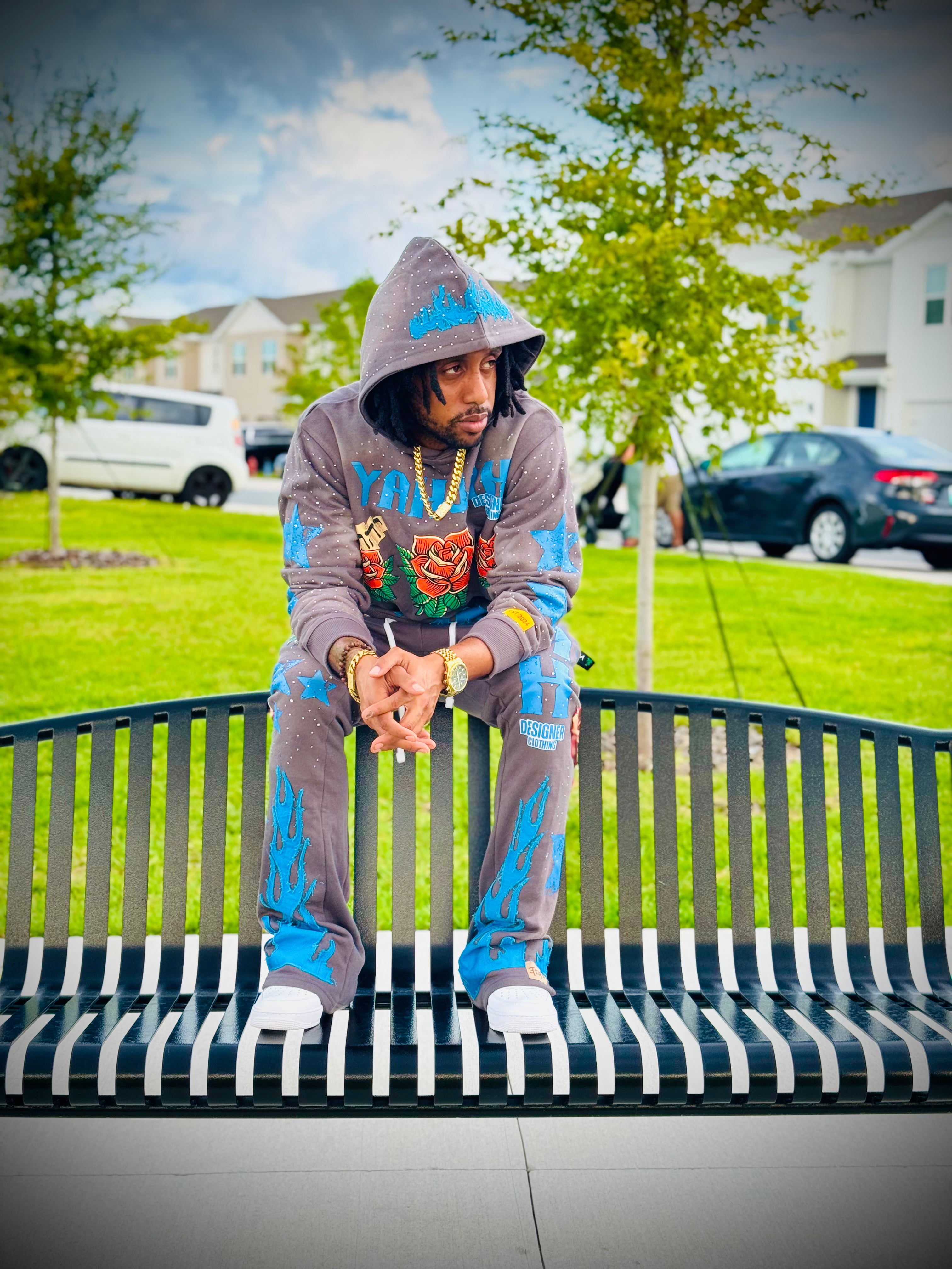 Yahuah Designer “Grey Flared Sweatpants & Cropped Hoodie Set"