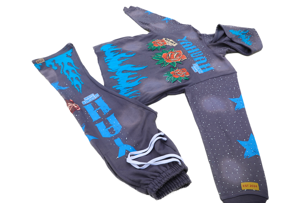 Yahuah Designer “Grey Flared Sweatpants & Cropped Hoodie Set"