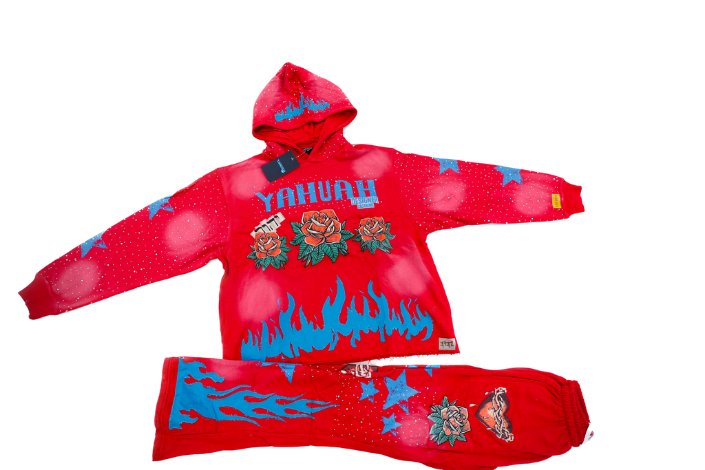Yahuah Designer “Red Flared Sweatpants & Cropped Hoodie Set"